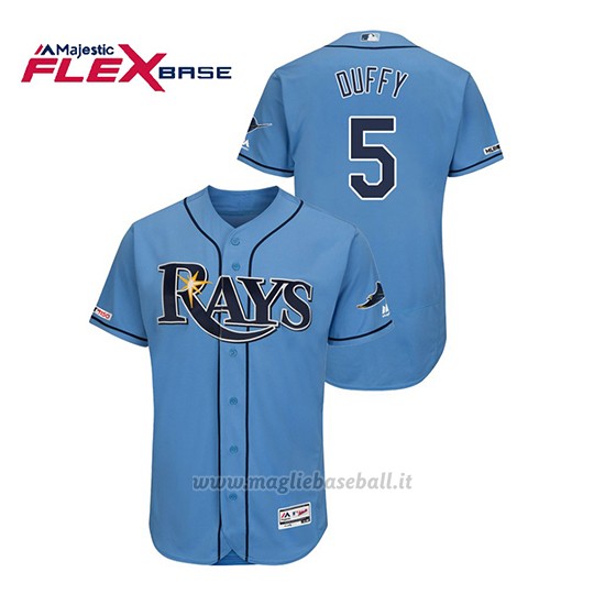 Maglia Baseball Uomo Tampa Bay Rays Matt Duffy 150th Aniversario Patch Autentico Flex Base Blu Luminoso